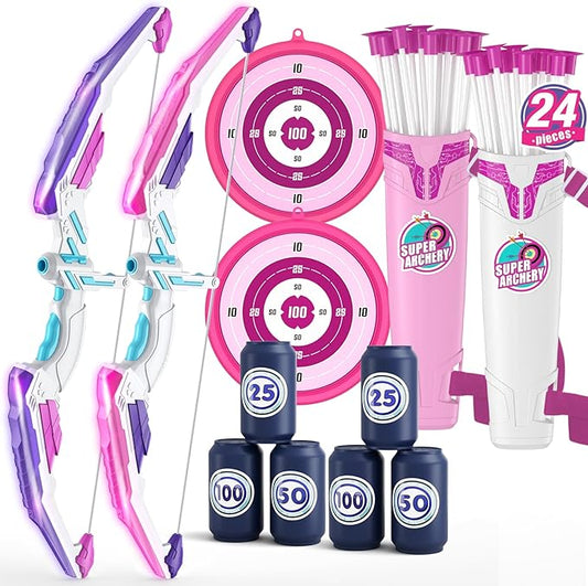 2 Pack Bow and Arrow for Kids, LED Light Up Archery Set with 24 Suction Cup Arrows, 2 Hanging Targets, 6 Score Targets & 2 Quiver, Indoor Outdoor Sport Toys for Girls Ages 4-12