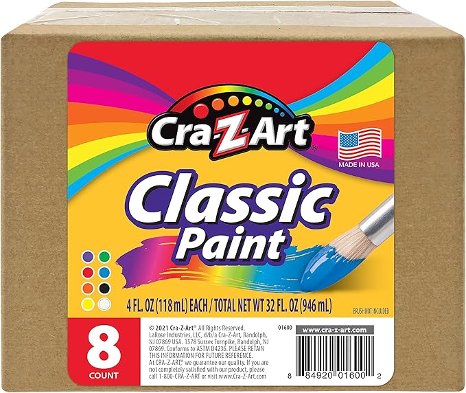 Cra-Z-Art Washable Classic Paint Bulk Pack 8ct, Assorted Colors 4oz each bottle, 32oz