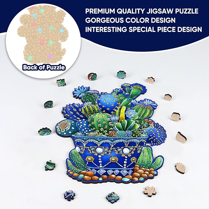 Delobil Puzzles for Adults, 200 Pieces Cactus Jigsaw Puzzles, Unique Shaped Flowers Wooden Puzzles for Adults and Kids, Family Game for Plant Lovers, 8.8 x 11.4 Inches