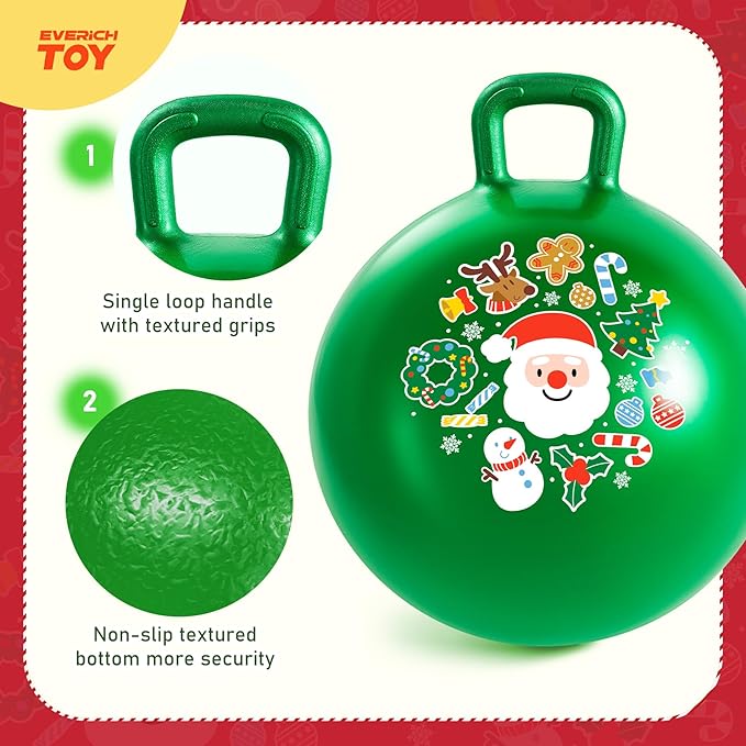 EVERICH TOY Hopper Ball for Kids 18In Sit On Bouncy Balls with Handle for Indoor Outdoor Active Play, Green Christmas Inflatable Boys Girls Gifts for 4 5 6 7 8 Years Old with Christmas Reindeer Ears