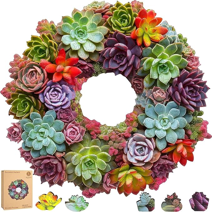Delobil Succulent Garland Wooden Puzzles for Adults, 500 Pieces Mandala Jigsaw Puzzles, Unique Shaped Royal Size Wood Puzzle Gift for Kids, Family Game 17.6'' x 16.5''