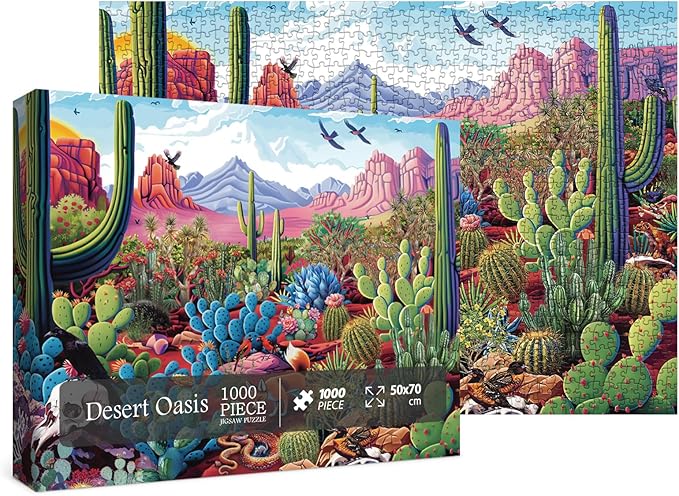 Cactus Landscape Puzzles for Adults 1000 Pieces Nature, Beautiful Plant Desert Oasis Art Jigsaw Puzzles, Bird Flower Animal Painting Puzzle As Home Decor
