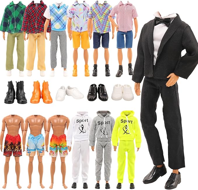 Miunana 10 Pcs Fashion Pack for 12 Inch Boy Dolls - 5 Sets Casual Wear Clothes Outfit with 5 Shoes for boy Doll (Black Suit + Casual Wear Clothes + Tracksuit + Swimwear)