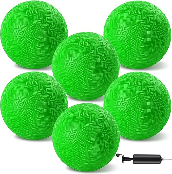 6 Pcs Dodgeballs 8.5 Inch Playground Ball Kickball Green Inflatable Rubber Handball Bouncy Dodge Ball with 1 Hand Pump for Outdoors Games Gym Camps Picnic (Needle is at The Top of the Pump)