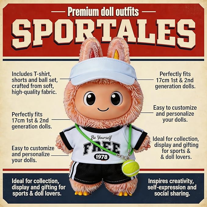 Sports-Themed Tennis Outfit 4 piece Set,is Suitable for a 17cm Dolls, Dolls Clothing Accessories ( No Doll )