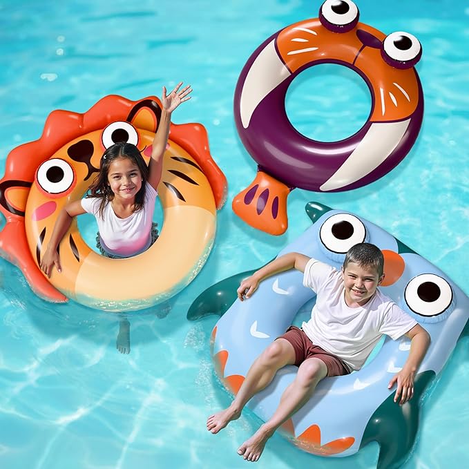 Pool Wave Kids Swim Rings Pool Floats, Toddler Inflatable Animal Swimming Tube Floaties, Summer Outdoor Water Floating Toy, Family Party Gift 3 4 5 6 7 8 9 Year Old Boy Girl Children Teen - 3 Pack