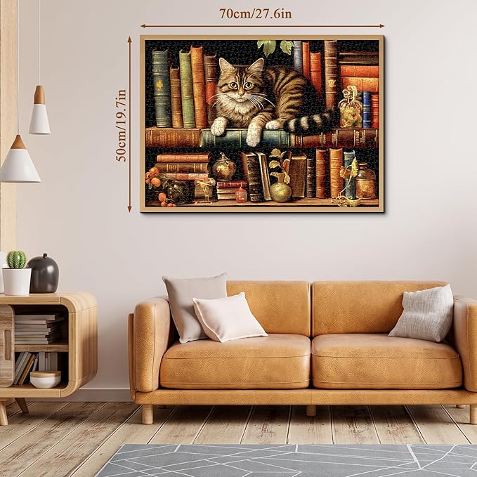 Vintage Cat Puzzles for Adults 1000 Pieces, Funny Kitten Book Jigsaw Puzzles, Retro Cat Bookshelf Animal Puzzle as Kitty Decor
