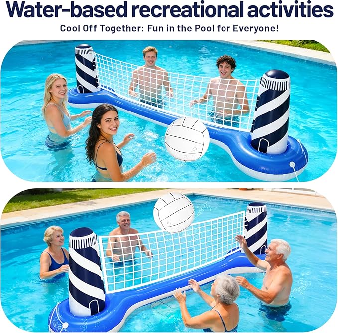 Inflatable Pool Games Volleyball Net Pool Float Set with 19" Beach Ball, Lighthouse Design – Floating Swimming Water Sports Toys for Adults, Perfect for Summer Pool Party Supply (112"X26"X35")