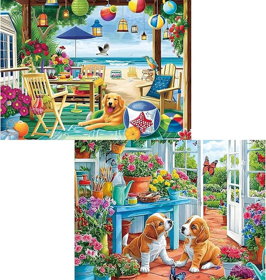 2 Pack 300 Piece Puzzle for Adults, Garden Dogs Seaside Porch Jigsaw Puzzle for Teens,Large Piece Puzzle for Kids 8-10 10-12,Glossy & Sturdy Pieces,Challenging Family Game Great Gift,20.5x15 in