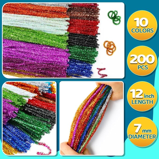 GAGANIU 200pcs Pipe Cleaners, Pipe Cleaners for Crafts, Craft Supplies Multicolor Chenille Stems for Art&Craft Christmas DIY Projects(10colors,Glitter)
