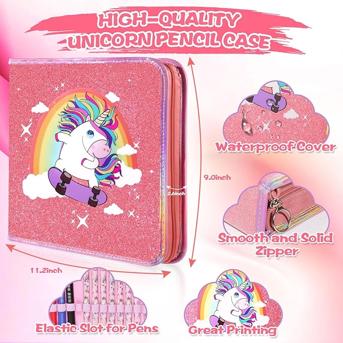 CozyJoyz Unicorn Washable Marker Set, 59 Pcs Arts and Crafts Coloring Set for Kids, Drawing Art Supplies Birthday Gifts for Girls Toys 4-9 Year Old (Pink)