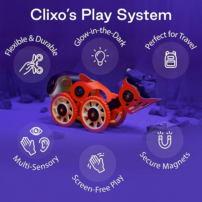 Clixo Mars Rover Pack - Glow-in-The-Dark Wheels Magnetic Building Toy - 30 Flexible Magnet Pieces for Galactic Exploration & Adventure. Award-nominated STEM Toy. Kids Gift & Travel. Ages 6+ [New]