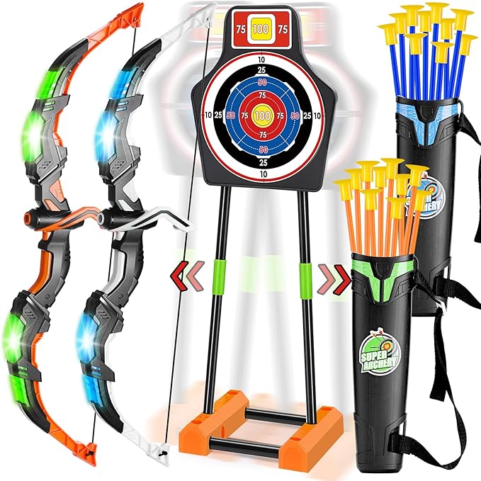2 Pack Bow and Arrow Set with Moving Standing Target& 2 Colors 20 Suction Cup Arrows, Light Up Archery Toys for Kids age 4-12 Years Old Boys Girls Indoor and Outdoor, Birthday Gifts Christmas ideas
