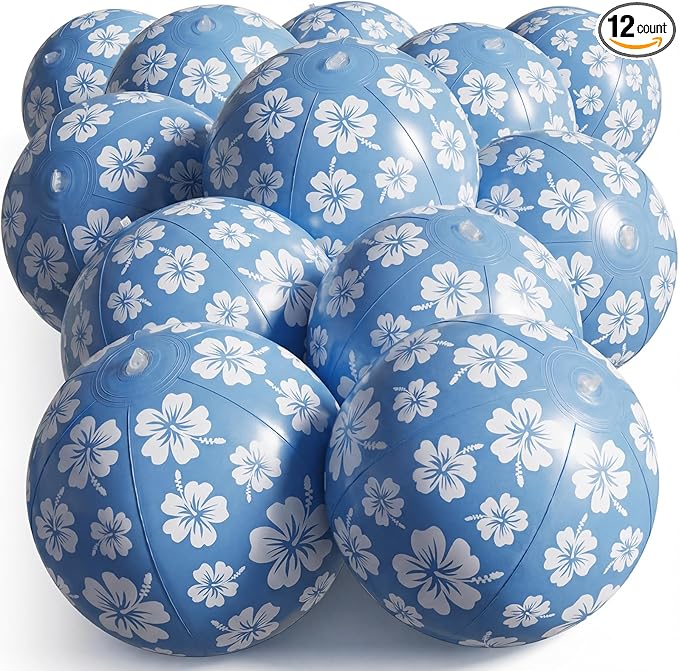 Soulchen 12 Packs Hawaiian Beach Ball for Kids Bulk 7.87 Inch Summer Inflatable Hibiscus Print Beach Balls Flower Summer Pool Toys Games for Swimming Birthday Luau Party Decoration Party Favor