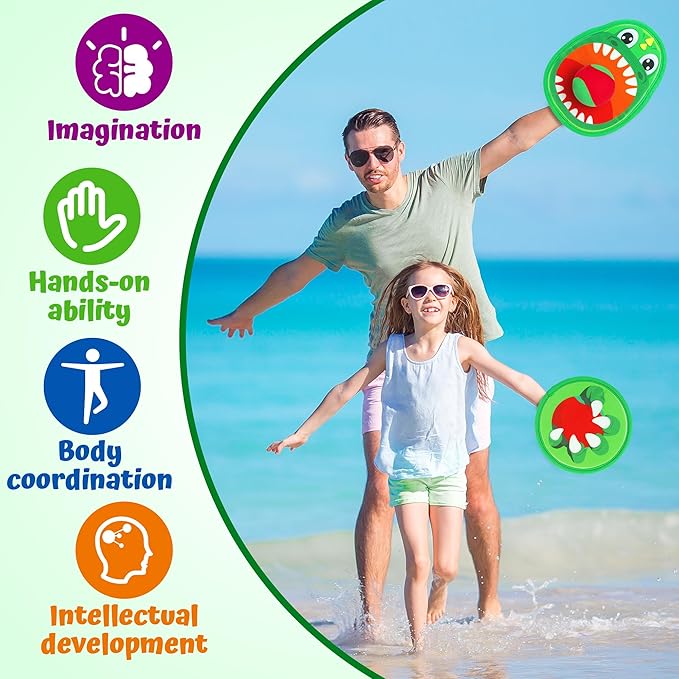 10.6 In Big Dinosaur Toss and Catch Ball Set, Catch Game Toys for Kids 3 4 5 6 7 8 9 10, Outdoor Yard Games Beach Toys for Family Outside Activities w/4 Big Rackets, 4 Balls, 1 Drawstring Bag