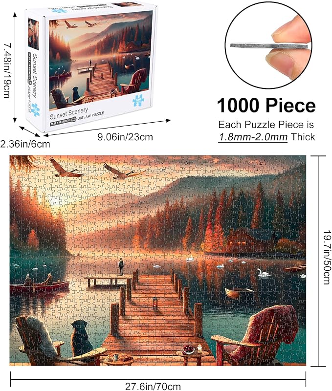 1000 Pieces Puzzle for Adults, Rocorose Lakeside Evening Sunset Scenery Cabin Jigsaw Puzzle, Nature Landscape Challenging Family Puzzle Gift Perfect for Game Nights