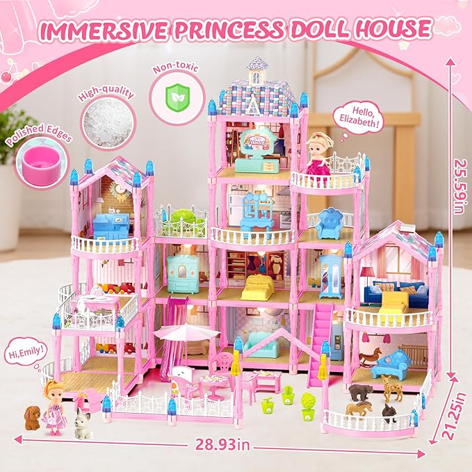 Doll House for Girls, Dream Dollhouse 4-Story 15 Rooms with 2 Dolls, Lights, Animals, Furniture and Accessories, Pretend-Play Toddler Playhouse Gift for 3 4 5 6 7 8 9 10+ Year Old Girls Toys