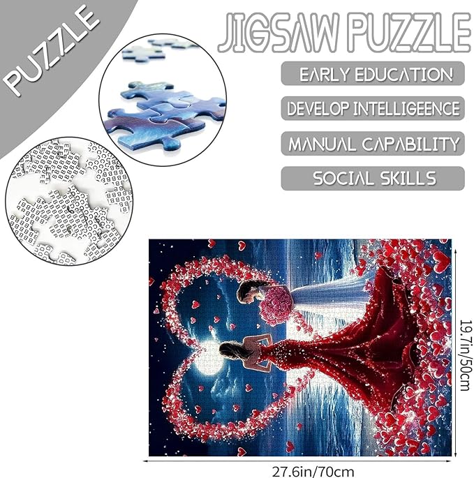 Elegant Girl Jigsaw Puzzles 1000 Pieces for Adults,Families(Woman,Heart,Rose,Seascape,Full Moon) Pieces Fit Together Perfectly 19.7''x27.6''inch Valentines Day Performance Frameable Magic Puzzle Art