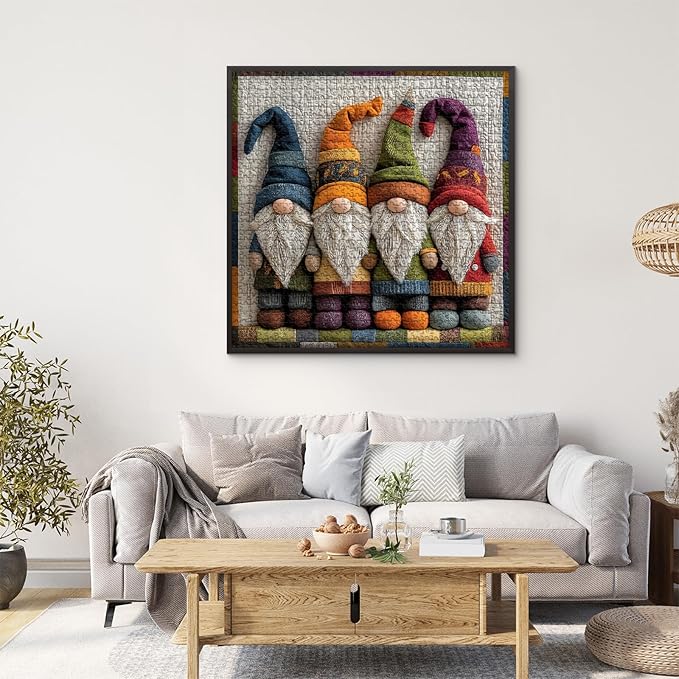Colorful Gnome Puzzles for Adults 1000 Pieces, Quilted Patchwork Art Gnome Jigsaw Puzzle, Funny Unique Challenge for Adults