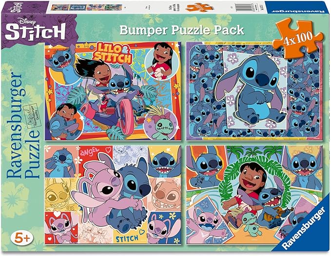 Ravensburger Disney Stitch Bumper Pack 4x100 Piece Jigsaw Puzzle for Kids - Every Piece is Unique, Pieces Fit Together Perfectly
