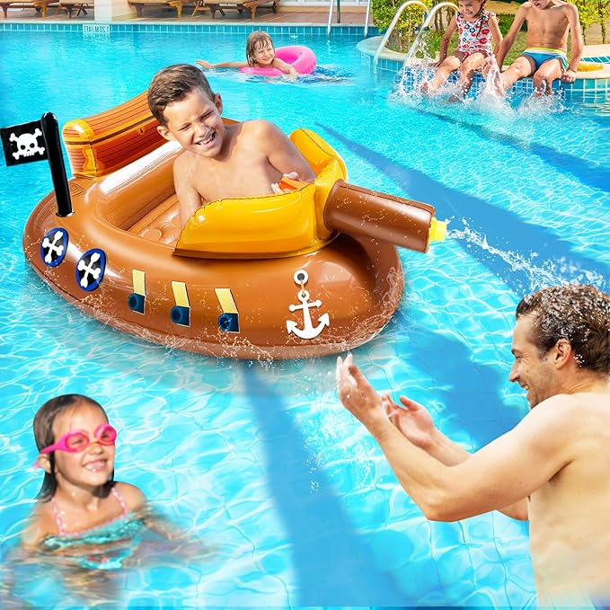 Inflatable Pirate Ship Pool Floats Kids 3-11 Years Toddler Pool Floaties with Water Cannon Gun Swimming Pool Toys Boys Girls Party Float Ride-on Floaty Rafts with Safety Seat Summer Outdoor Water Game