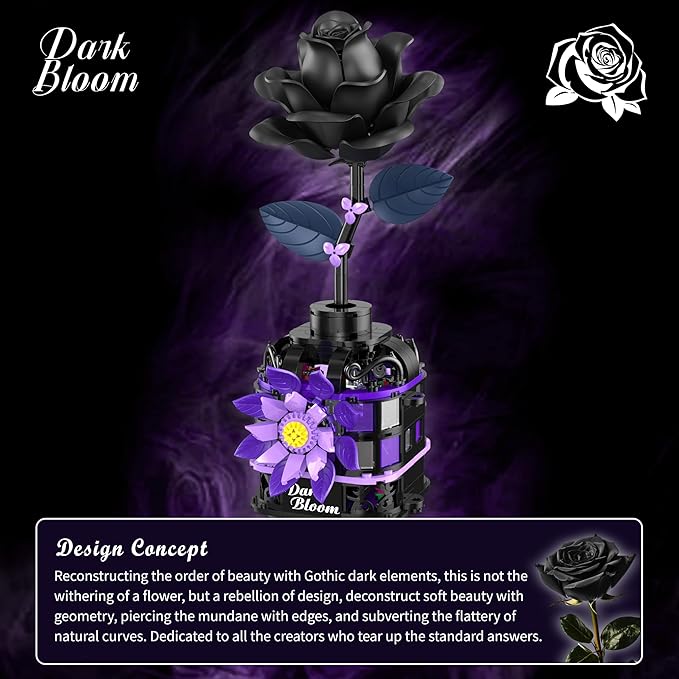 Gothic Black Roses Building Blocks Kit, Mysterious Dark Bloom with Vase Toy Building Sets for Boys Girls, 359 Pcs Artificial Flower Building Toys for Mom