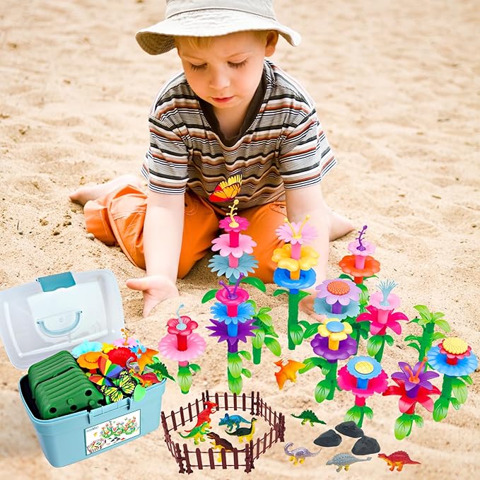 Toys Gifts for Toddlers Boys Girls Age 2 3 4 5 6, 167 PCS Dinosaur Flower Garden Building Blocks, STEM Fine Motor Skill Stacking Games, Easter First 1st Birthday Gifts for Preschool Kids 2+ Years Old