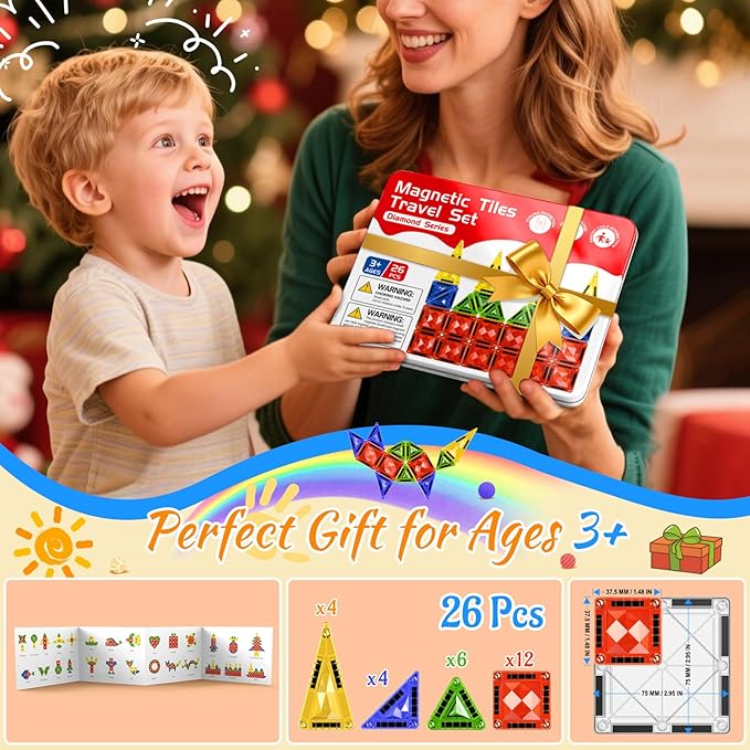 Mini Magnetic Tiles for Kids Ages 3-8, Travel Magnetic Building Blocks with Metal Storage Box, STEM Educational Toys, Montessori Sensory Learning Toys for Toddlers, Gift for Boys & Girls