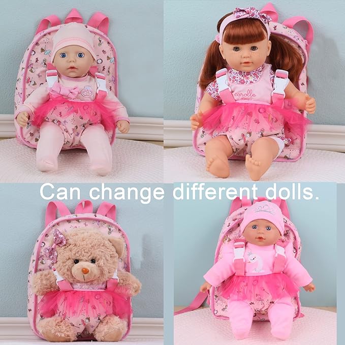 13" Soft Baby Doll with Take Along Pink Doll Backpack Carrier, 6 Piece Play Set with Bottle & Accessories(Pink)