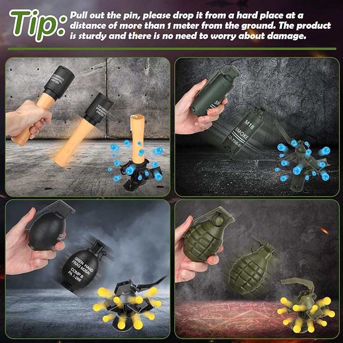 Tactical Toy-Grenade for CS Battle Game,2Pcs Fall Resistant Refillable Hand Fake Grenade Toy with 20 Foam Ammo for 14+ Outdoor Sports