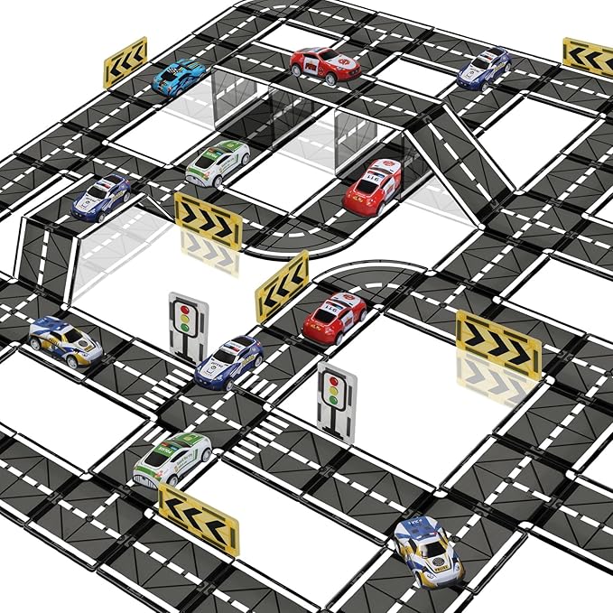Magnetic Tiles Road Set with Pullback Car, Magnetic Blocks for Kids Ages 4-8, Magnet Tiles for Preschool STEM Building Toy, Autism Learning Sensory Montessori Toys Gift for Toddler Boys and Girls
