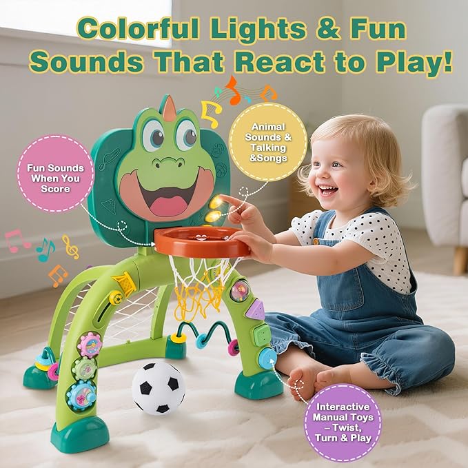 Basketball Hoop & Soccer Goal for Toddlers: Activity Center for 1 2 3 Year Old Boys Girls - Dinosaur Sports Toy with Lights & Music - Educational Interactive Toy Gift for Baby Kids Christmas Birthday