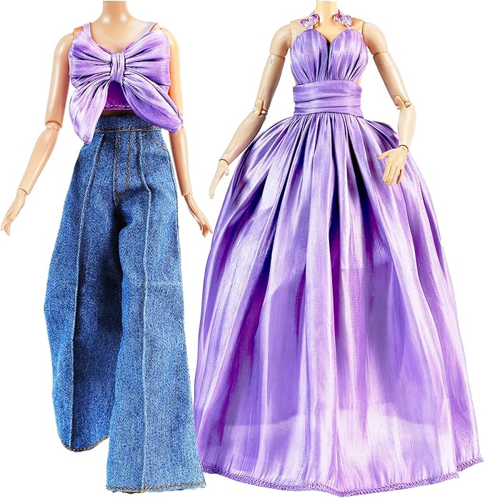 E-TING 2 Sets Doll's Dream Outfits: Shiny Glitzy Gala Purple Dress and Bell-Bottom Jeans Set for 11.5 Inch Girl Doll