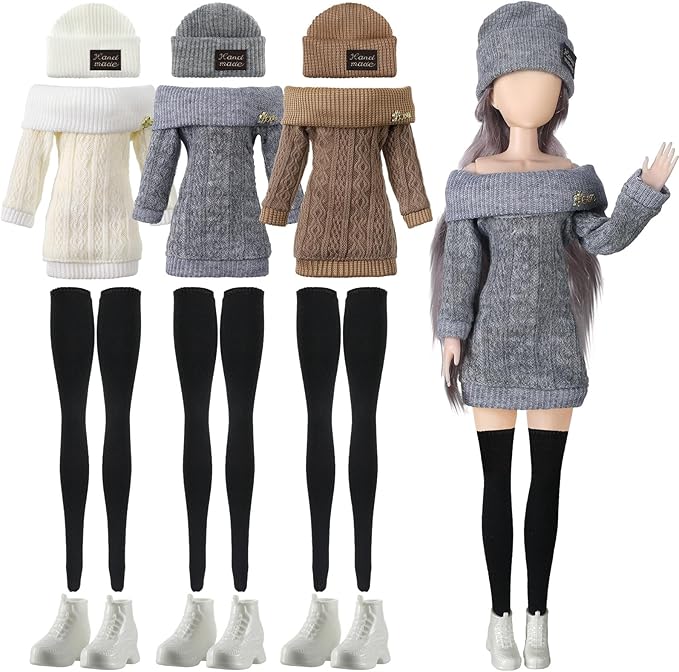 Geyoga 12 Pcs Doll Clothes and Accessories for 12 Inch Summer Dolls Sweater Pants Shoes Hat Outfits Doll is Not Included(Gray, Brown, Cream White,12 Inch)