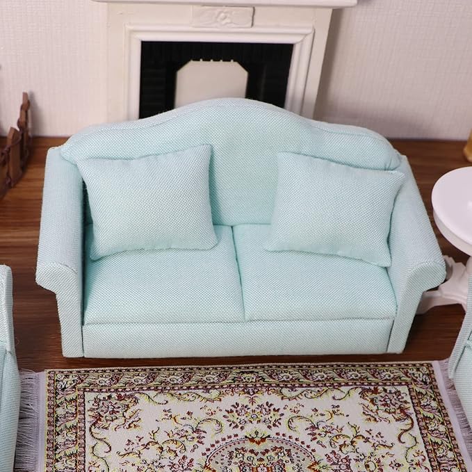 Dollhouse Couch Miniature Sofa with Pillows Dollhouse Living Room Funiture 1:12 Scale Model 3 Pcs High Simulation Upholstered Wooden Fabric Armchair Mini Room Artificial House Scene Decoration (Green)