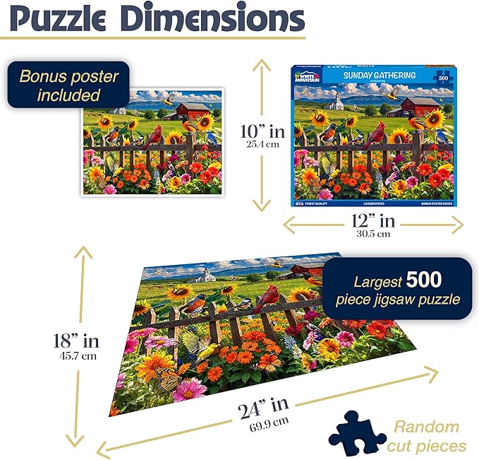 White Mountain 500 Piece Jigsaw Puzzle Spring Flower Bird Puzzles with Large Pieces Gift for Adults and Family 18"x24" - Sunday Gathering