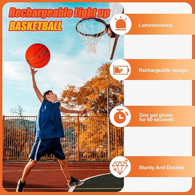 Rechargeable Glow in the Dark Basketball - USB Charging, Water-Resistant, Size 7, Impact Activated, Includes Pump & Charging Cable - Rechargeable Light Up Basketball (Orange, with Bag)