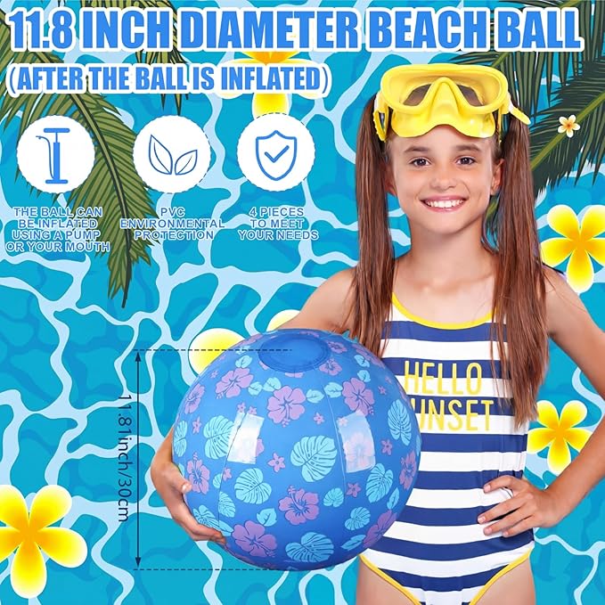Leyndo 4 Pack Hawaiian Themed Beach Ball for Kids 11.81" Bulk for Summer Pool and Beach Game Gifts and Birthday Party Supplies and End of The Year Class Party Decoration Favors