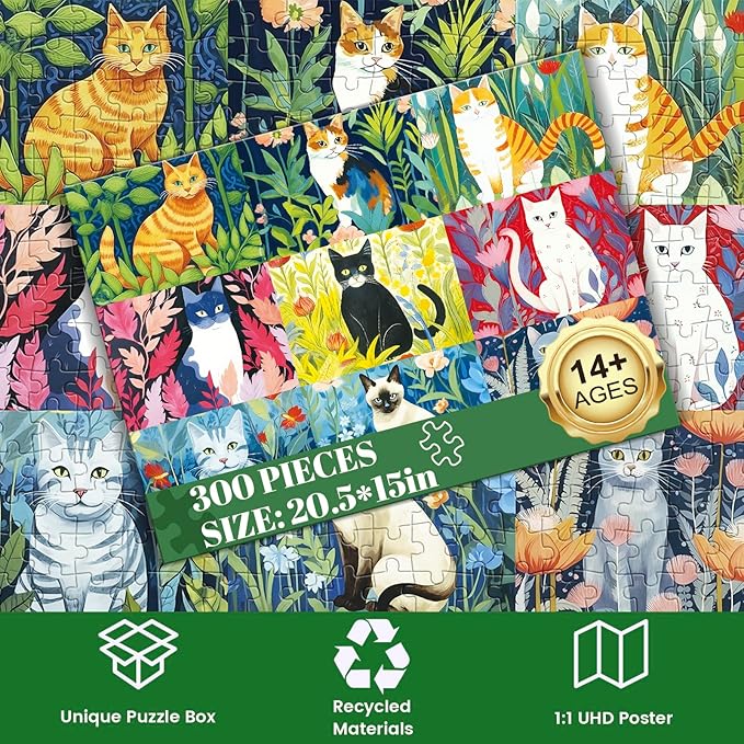 300 Piece Puzzle for Adults-Cats and Flowers | Recycled Cardboard Jigsaw Puzzles 300 Pieces | Challenging Family Activity Great Gift Idea for Family Friends | Difficult Puzzles Size 20.5X 15 inches
