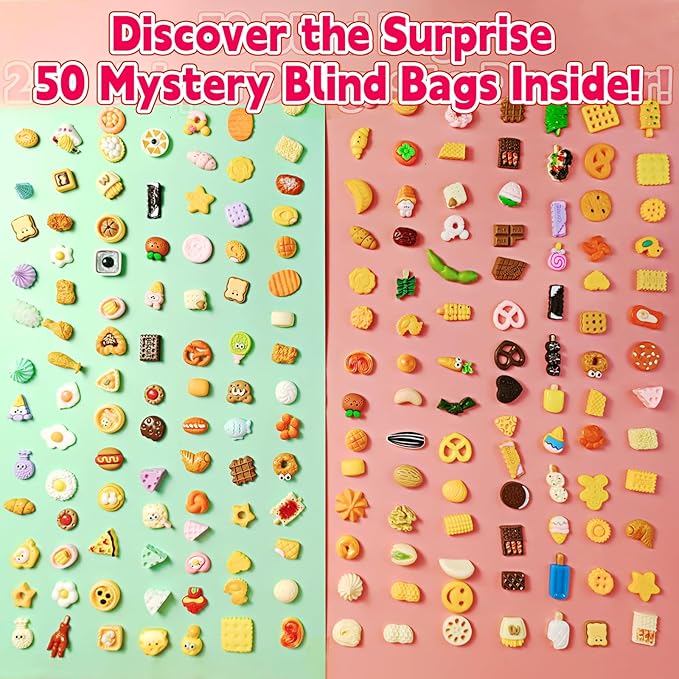 50 Pack Mini Food Blind Bags for Kids - Small Dollhouse Accessories & Party Favors Set with Tiny Resin Food Toys, Perfect for Pretend Cooking Games, Miniature Kitchen Play & Collecting