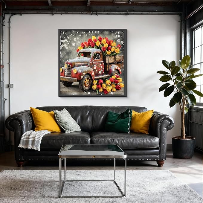 Vintage Truck Puzzles for Adults 1000 Pieces, Tulip Flower Farm Jigsaw Puzzles, Retro Spring Floral Art Puzzle