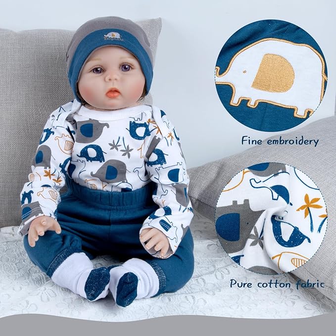 4 Pieces Reborn Baby Doll Clothes Set for 17-22 Inch Baby Boy Dolls Blue Elephant Newborn Dolls Clothes Accessories