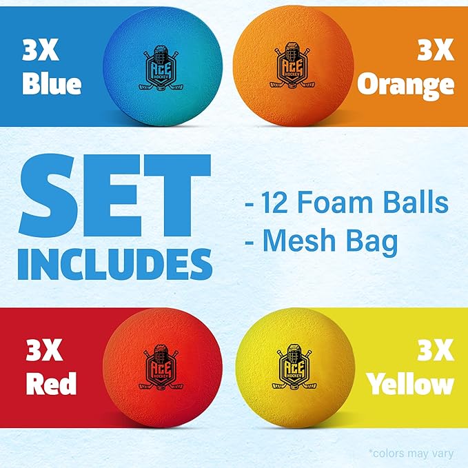 ACE HOCKEY Mini Hockey Balls - 12 Soft Foam Balls for Knee and Floor Hockey - 2" Indoor Mini Hockey Balls