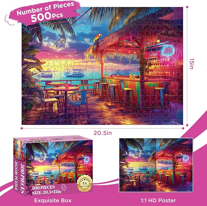 500 Piece Puzzles for Adults,Beach Bar at Sunset Puzzle for Adults Seniors,Recycled Paper Unique Funny Cool Summer Jigsaw Puzzle,Challenging Family Game Gifts for Friends Men Women Seniors, 20.5*15In