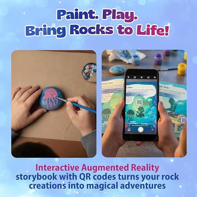 Pinwheel Crafts Rock Painting Kit for Kids Ages 6-12 –14 Rocks, 16 Acrylic Paints (Glow & Metallic), 2 Glitter Glues, Brushes, Stickers, Gems & Googly Eyes – Fun Kids Craft Kits for Boys & Girls