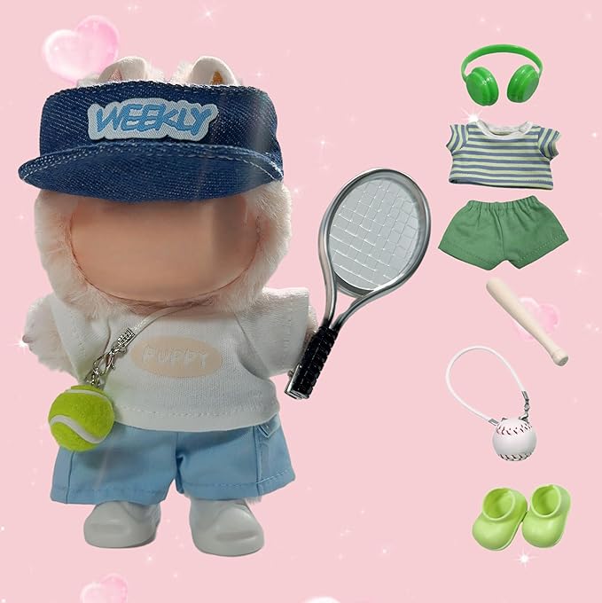 15cm/17cm Doll Sports Wear Outfits Gym Suitable for Labubu Clothes –Stylish Adorable Dolls Accessories for Dressing Up (No Doll Included) (F-Blue Tennis Suit 6-Piece Sets)