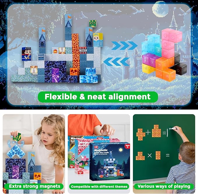 100PCS Magnetic Blocks - Magnet Building Blocks, Stacking Magents Cubes Toys Blue Castle Set, STEM Montessori Sensory Toys for Kids Boys and Girls Ages 3 4 5 6 7 8 9 10 Easter Birthday Gifts