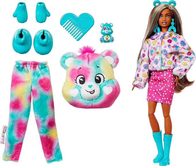 Barbie Cutie Reveal Care Bears Doll & Accessories, Series 2 Good Vibes Bear with 10 Surprises Including Color Change & Mini Bear