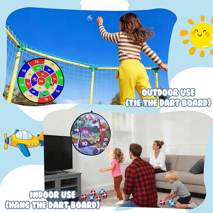 Trampoline Accessories Kit Kids,Basketball Hoop with 3 Mini Basketballs,50FT Solar Lights Fit 8 10 12 14 15 16FT Trampoline Outdoor 8 Mode,Choose from 2 Kits with Sprinkler or Dart Board & Glow Net