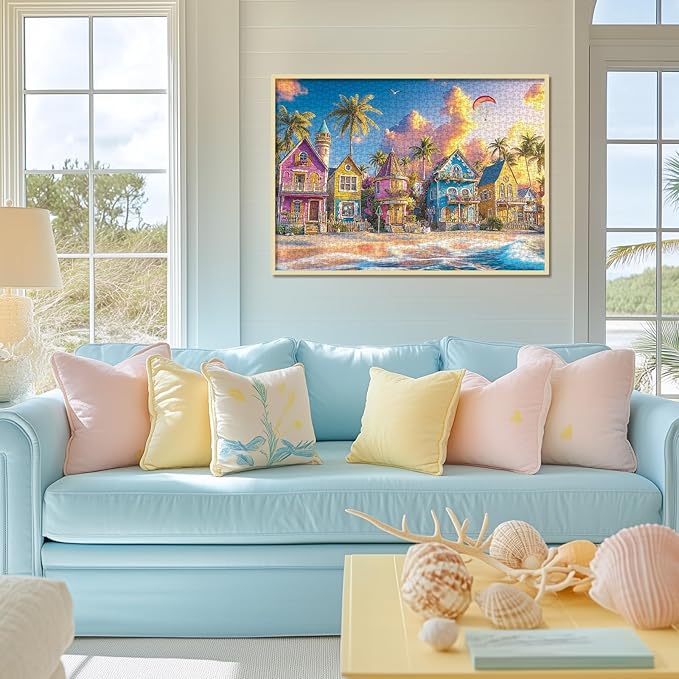 Beach Ocean Summer Puzzle 1000 Pieces for Adults, Colorful House Sunset Hawaii Jigsaw Puzzles, Cottage Seaside Romantic Art Puzzles